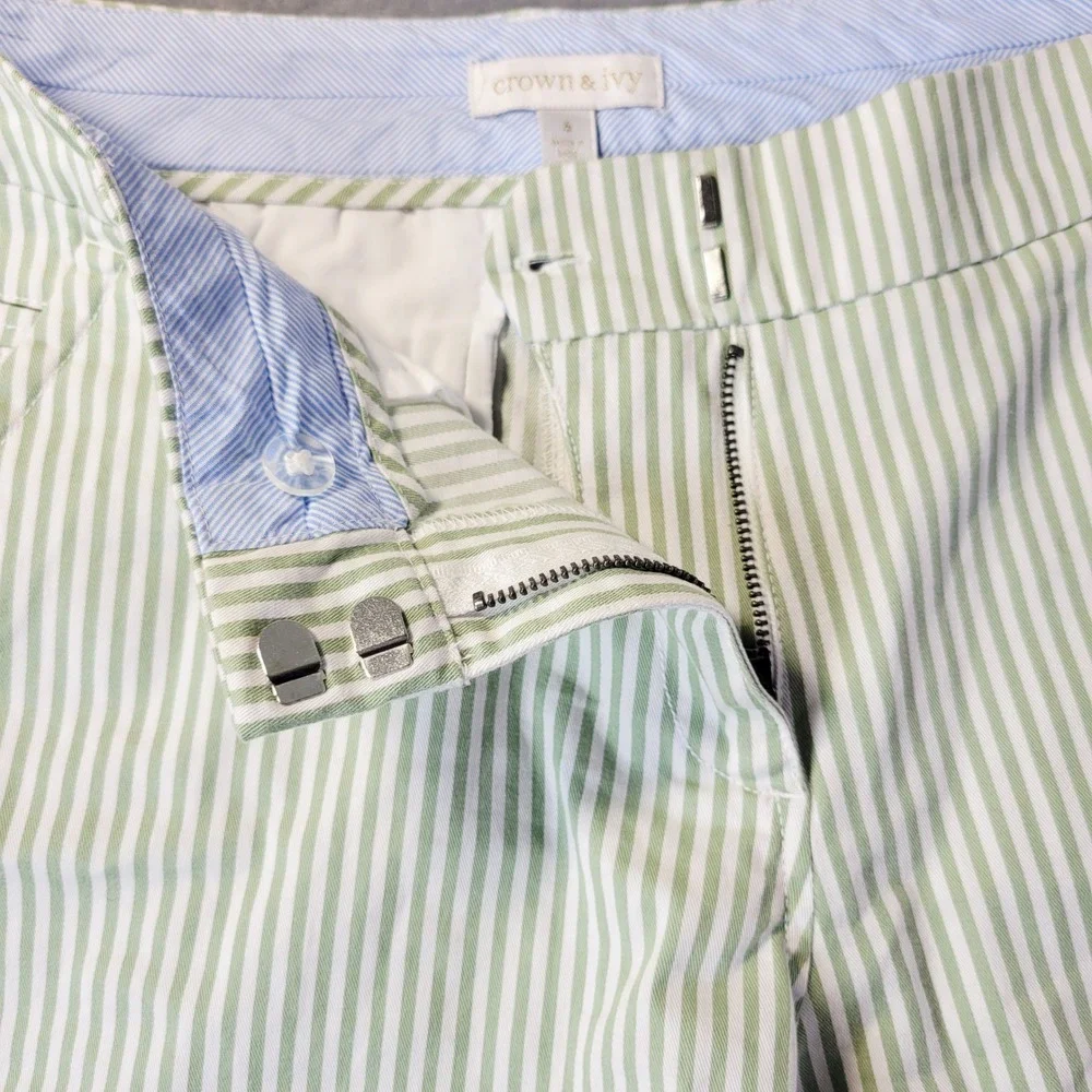 Crown & Ivy Womens 6 Green White Striped Shorts High Rise Cotton‎ Stretch Preppy